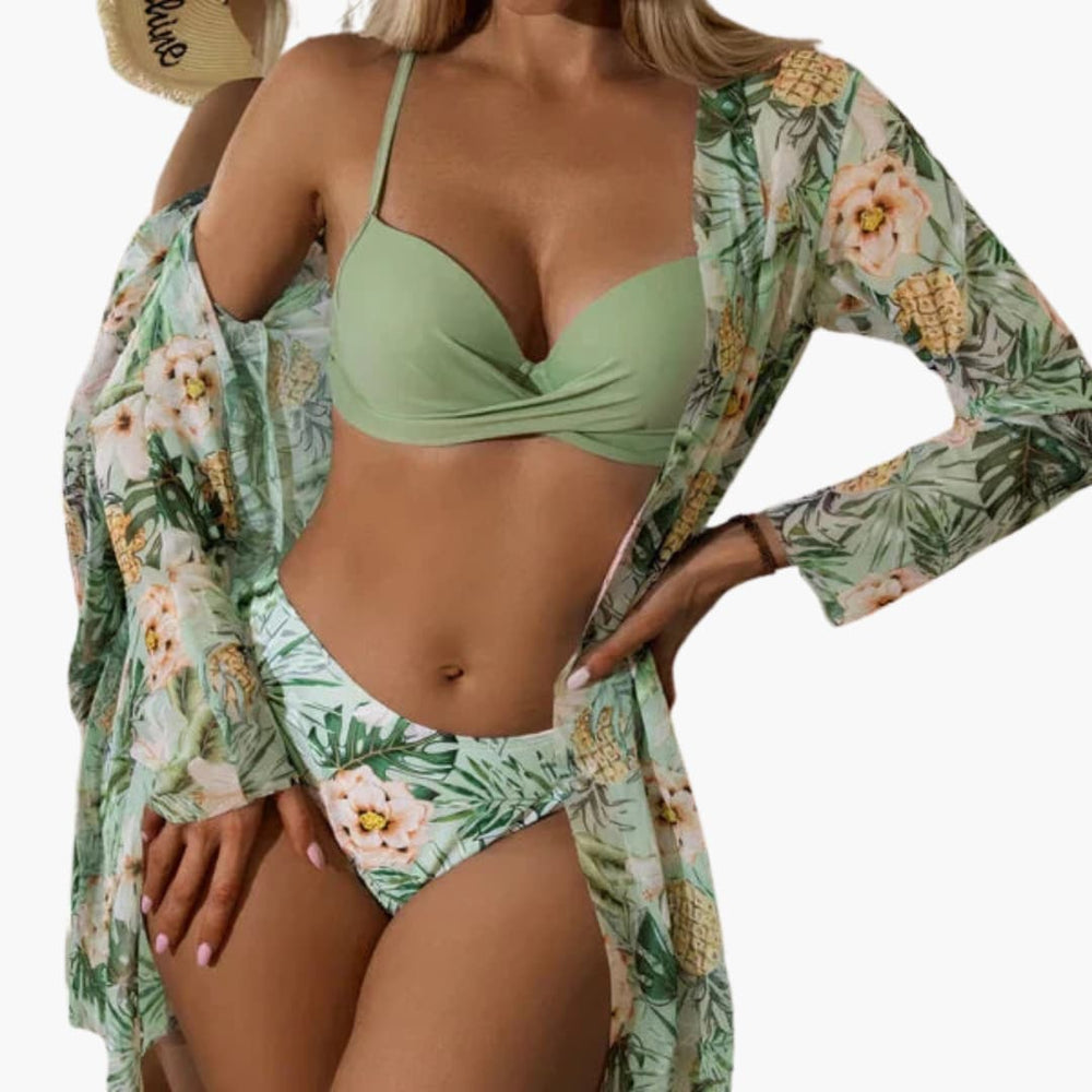 Ensemble bikini 3 pièces pour femme - avec kimono et pantalon taille haute