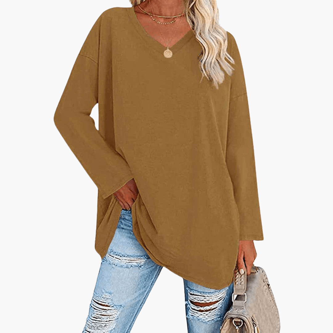 Chemise à manches longues et col en V pour femme – confortable et décontractée