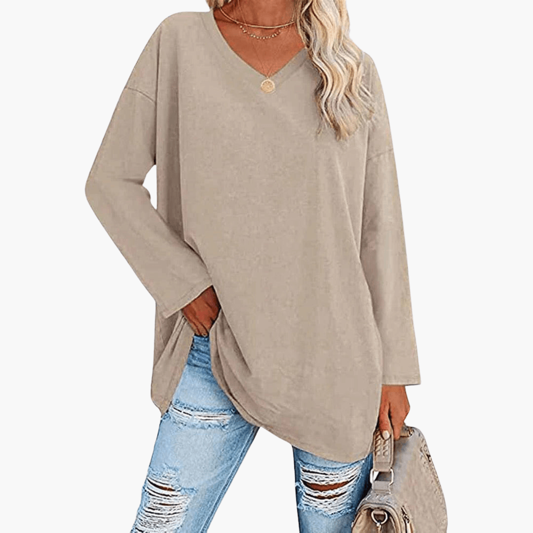 Chemise à manches longues et col en V pour femme – confortable et décontractée