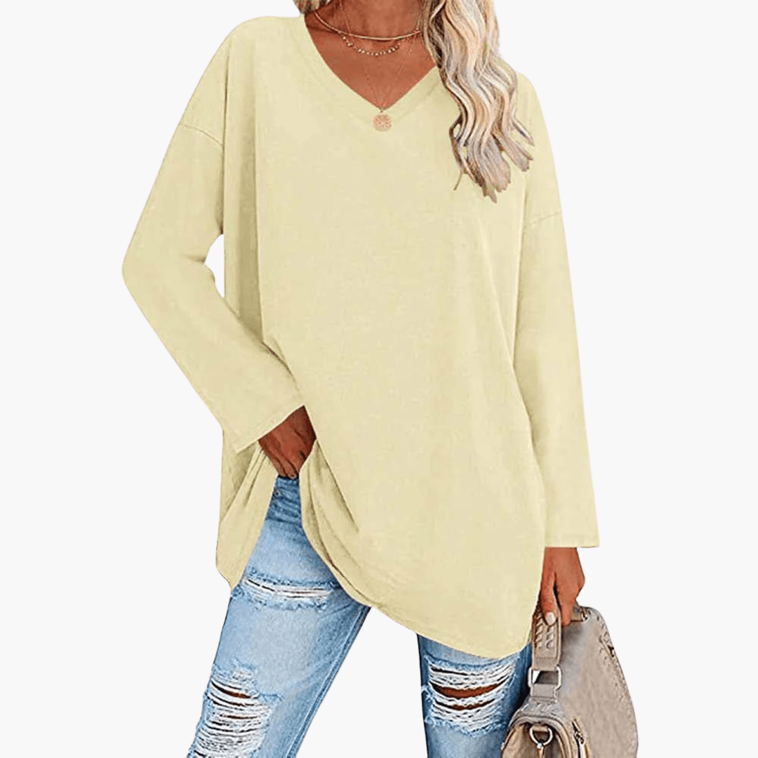 Chemise à manches longues et col en V pour femme – confortable et décontractée