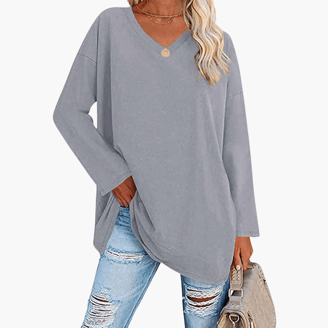Chemise à manches longues et col en V pour femme – confortable et décontractée