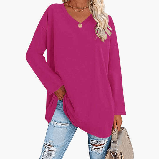Chemise à manches longues et col en V pour femme – confortable et décontractée