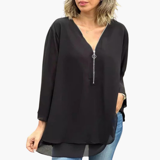 Chemise à manches longues et demi-fermeture éclair - Haut décontracté à col en V pour femme 