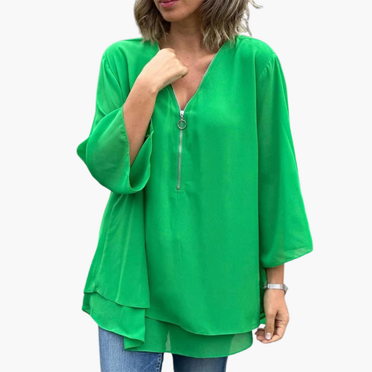 Chemise à manches longues et demi-fermeture éclair - Haut décontracté à col en V pour femme 