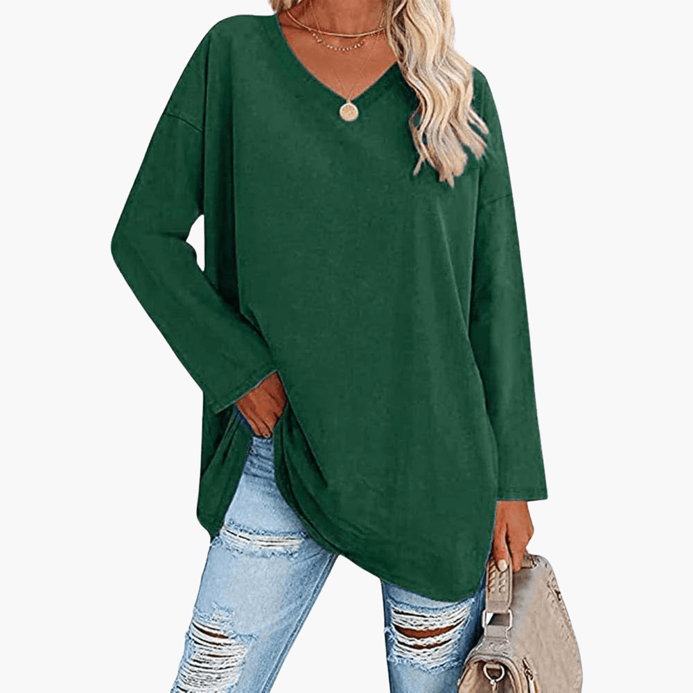 Chemise à manches longues et col en V pour femme – confortable et décontractée