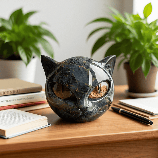 Lunaris - Sculpture de Tête de Chat Noir Mystique