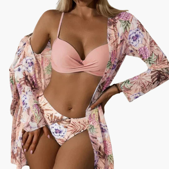 Ensemble bikini 3 pièces pour femme - avec kimono et pantalon taille haute
