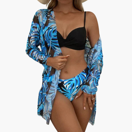 Ensemble bikini 3 pièces pour femme - avec kimono et pantalon taille haute