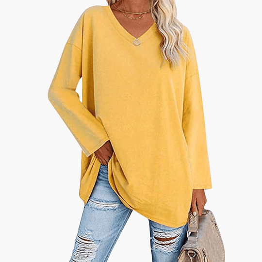 Chemise à manches longues et col en V pour femme – confortable et décontractée