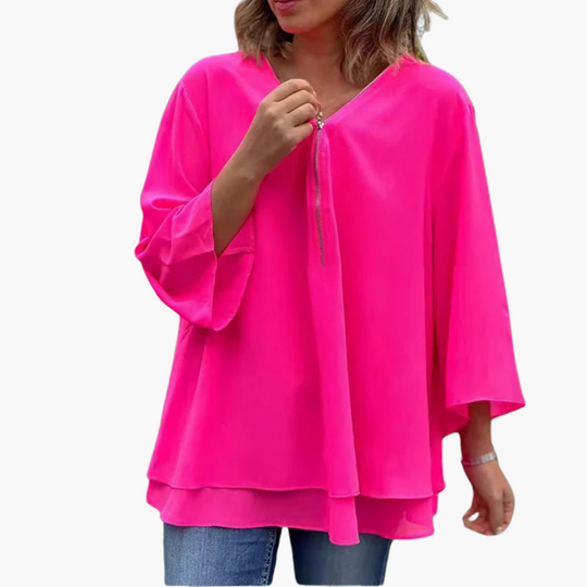 Chemise à manches longues et demi-fermeture éclair - Haut décontracté à col en V pour femme 