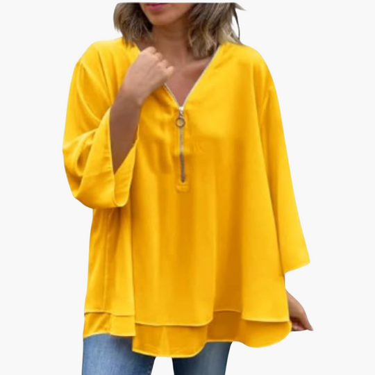 Chemise à manches longues et demi-fermeture éclair - Haut décontracté à col en V pour femme 
