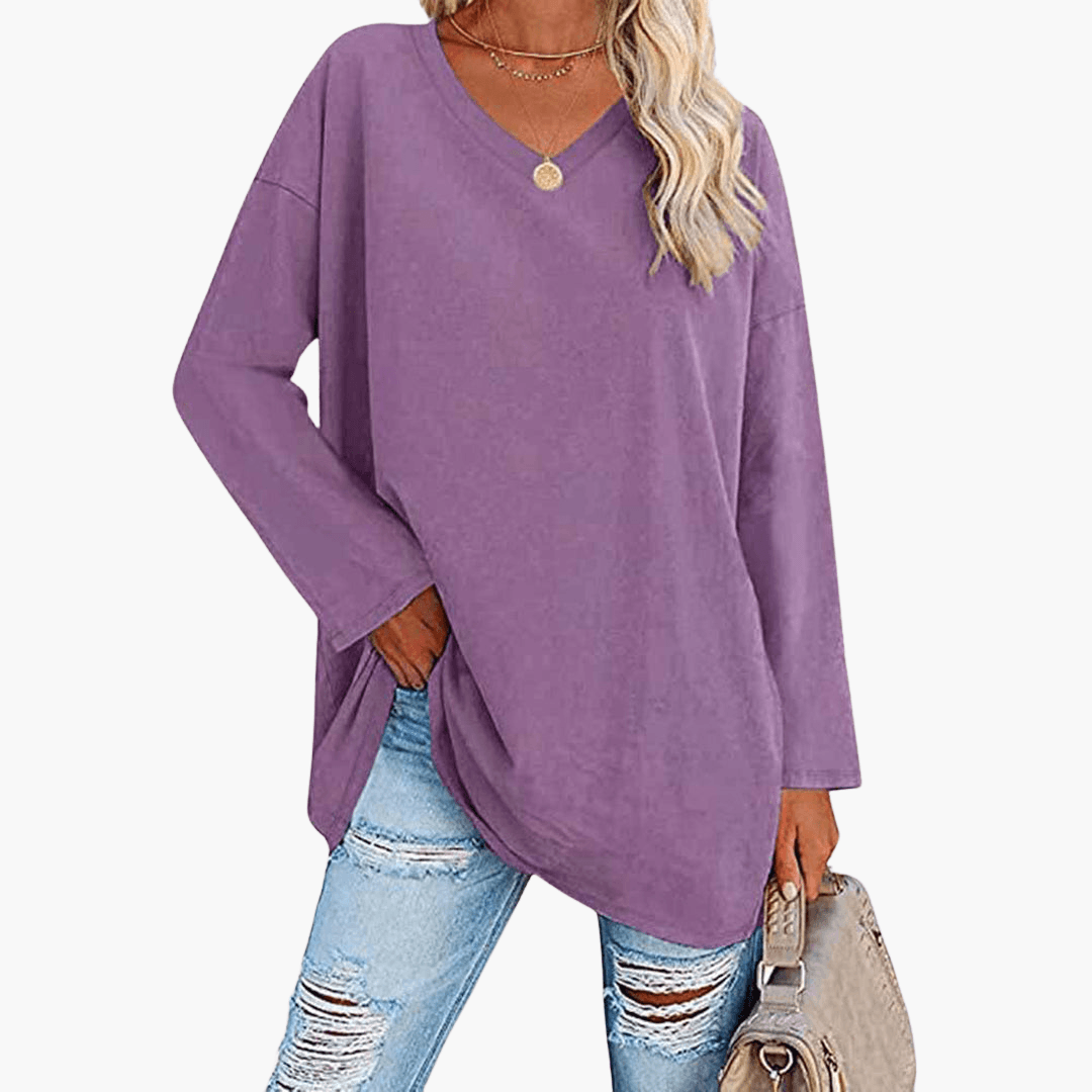 Chemise à manches longues et col en V pour femme – confortable et décontractée