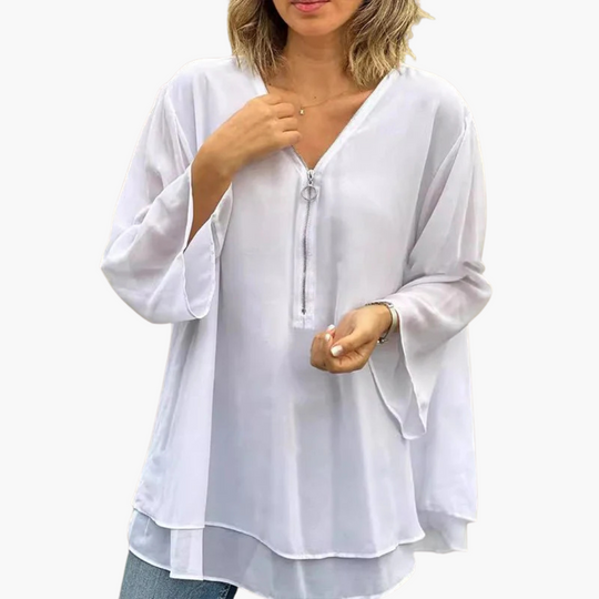 Chemise à manches longues et demi-fermeture éclair - Haut décontracté à col en V pour femme 
