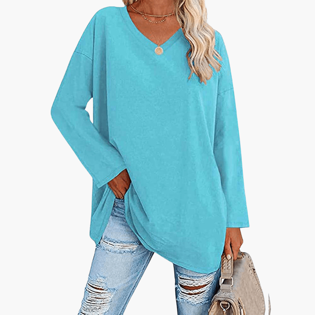 Chemise à manches longues et col en V pour femme – confortable et décontractée