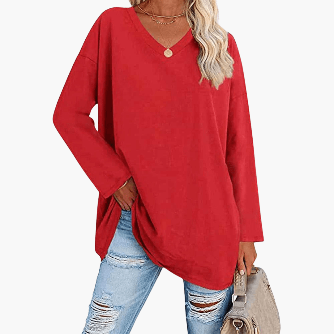 Chemise à manches longues et col en V pour femme – confortable et décontractée