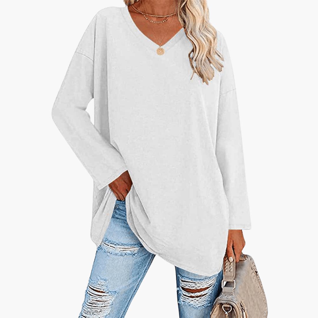 Chemise à manches longues et col en V pour femme – confortable et décontractée