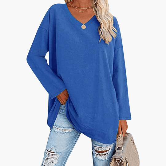 Chemise à manches longues et col en V pour femme – confortable et décontractée