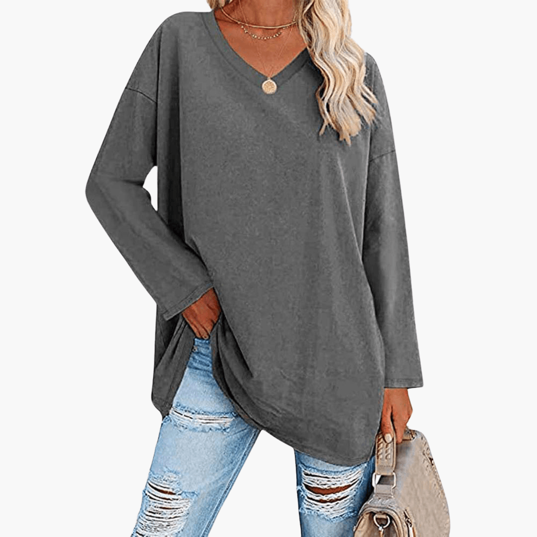 Chemise à manches longues et col en V pour femme – confortable et décontractée