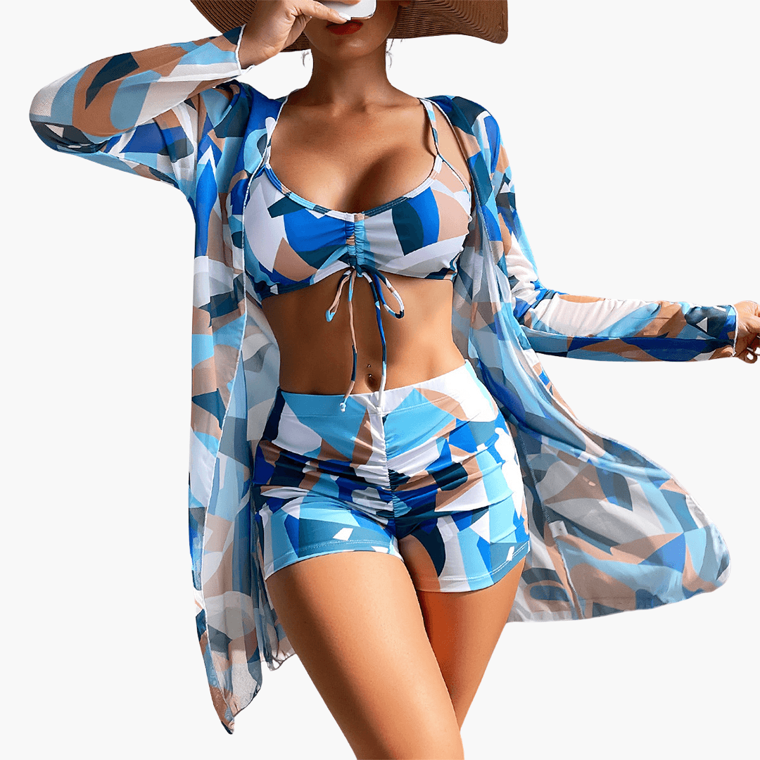 Bikini-Set mit V-Ausschnitt für Damen – Batik-Überwurf inklusive