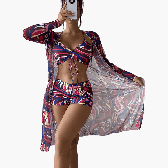 Bikini-Set mit V-Ausschnitt für Damen – Batik-Überwurf inklusive