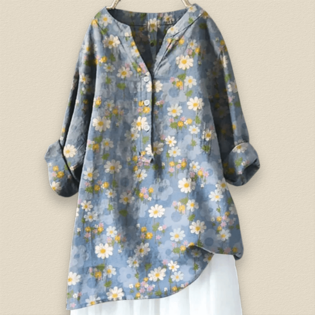Camille | Blumenbluse mit luftiger Passform und Mandarin-Kragen