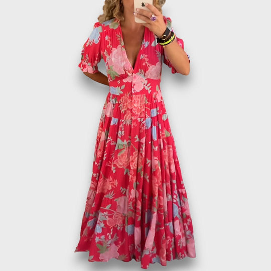 Carine – Robe longue fleurie à col en V