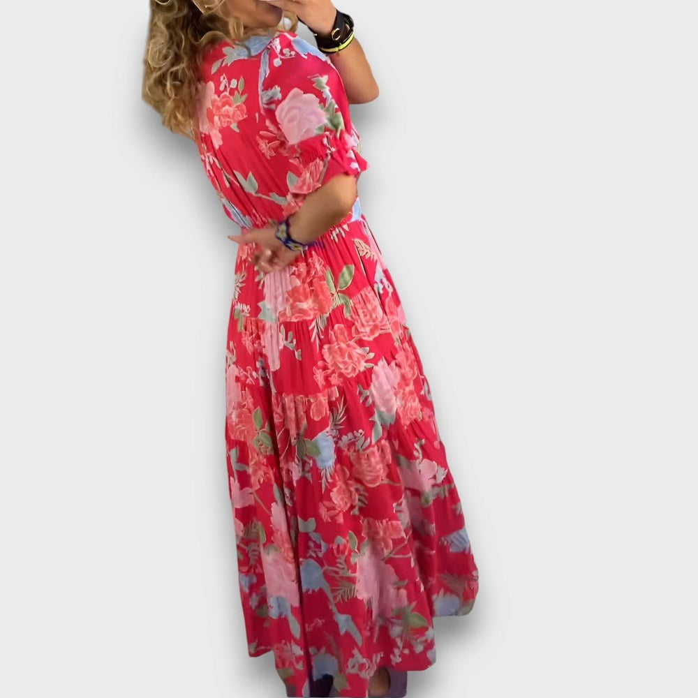Carine – Robe longue fleurie à col en V