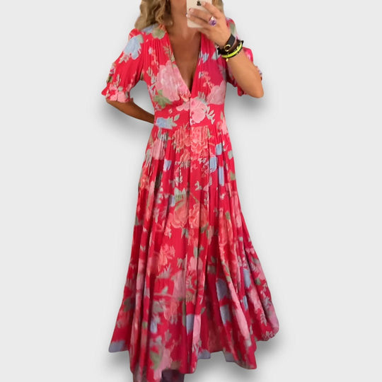 Carine – Robe longue fleurie à col en V