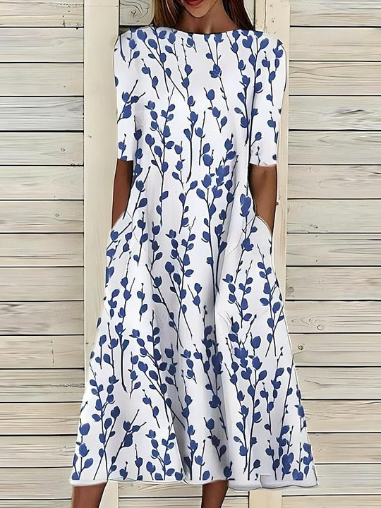 Céleste | Robe d'été mi-longue à col rond et motif floral côtier 