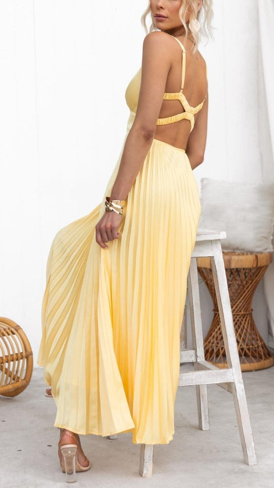 Fashionmoment® | Robe longue plissée jaune à col en V