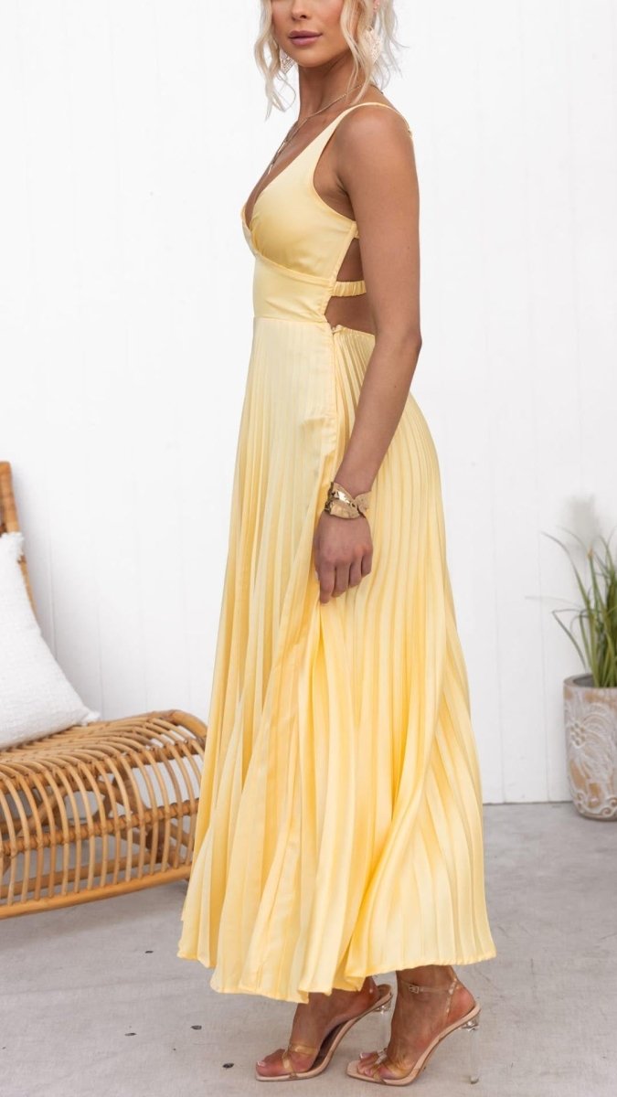 Fashionmoment® | Robe longue plissée jaune à col en V