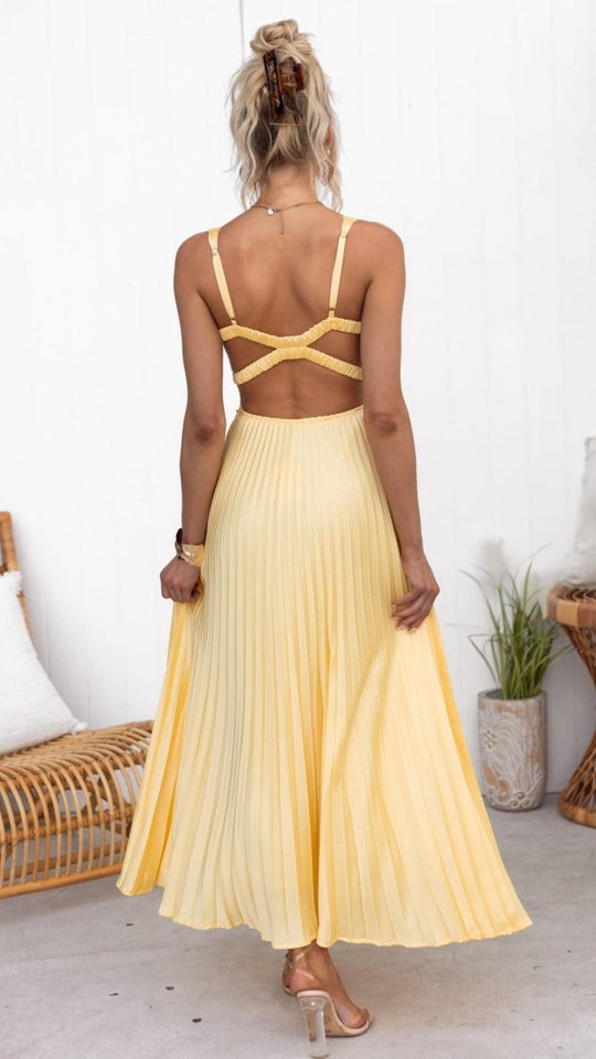 Fashionmoment® | Robe longue plissée jaune à col en V