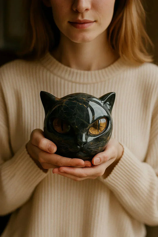 Lunaris - Sculpture de Tête de Chat Noir Mystique