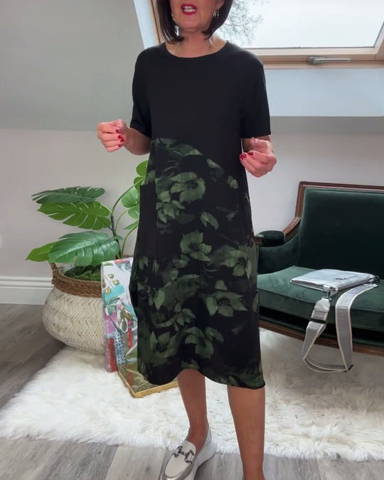 Robe Patchwork avec Encolure Ronde et Imprimé Floral