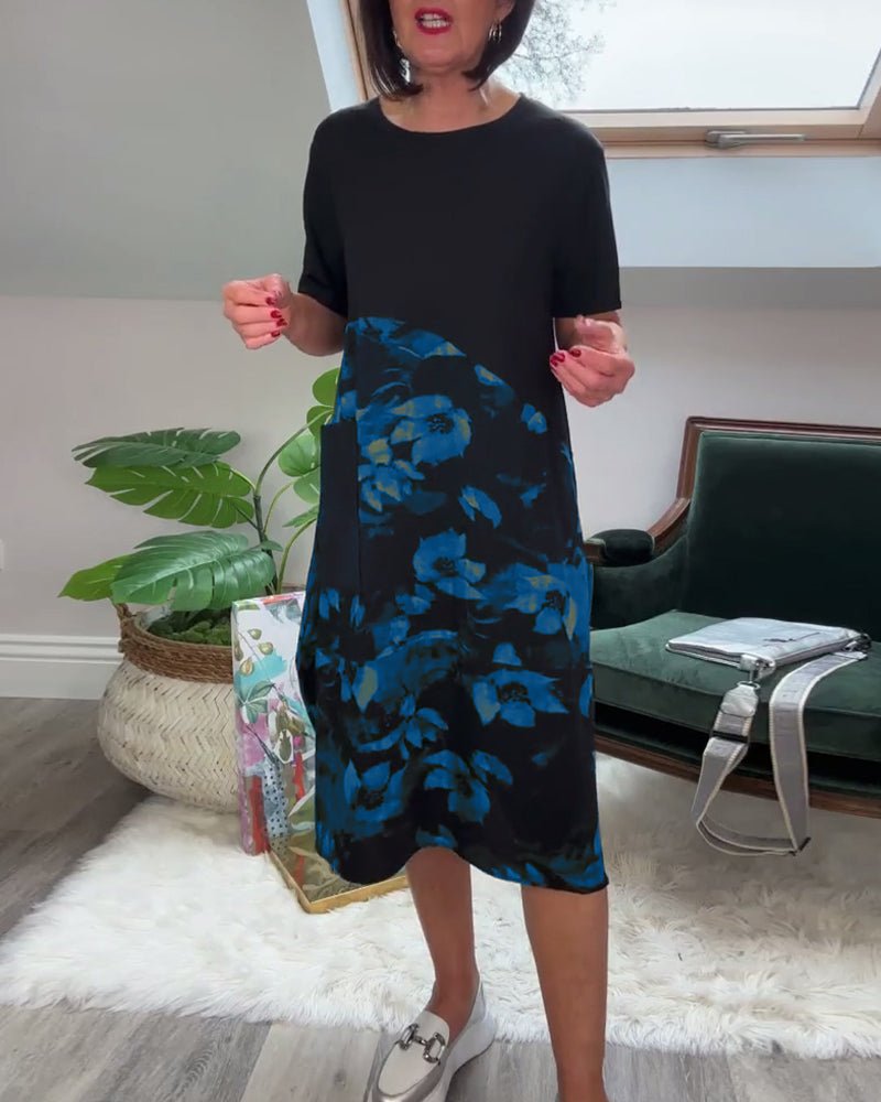 Robe Patchwork avec Encolure Ronde et Imprimé Floral