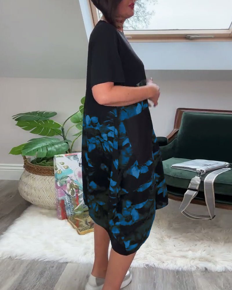 Robe Patchwork avec Encolure Ronde et Imprimé Floral