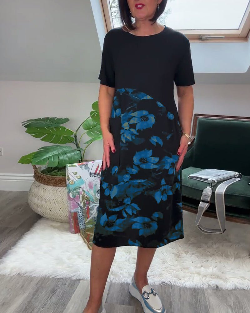 Robe Patchwork avec Encolure Ronde et Imprimé Floral