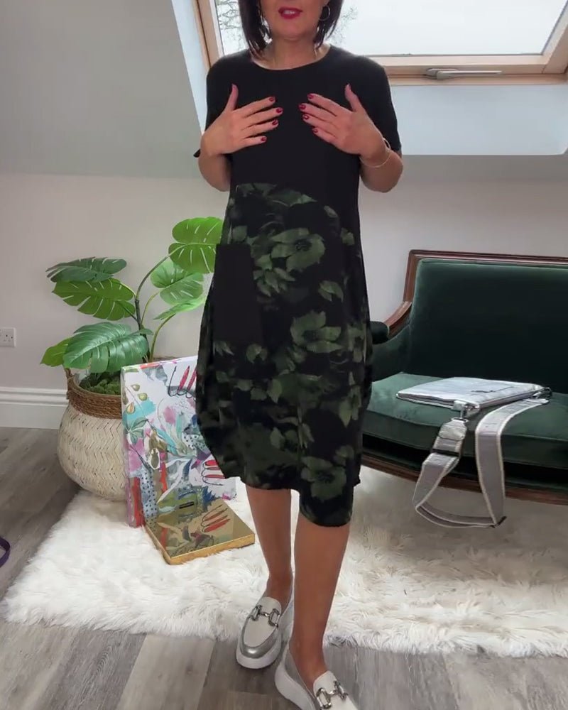 Robe Patchwork avec Encolure Ronde et Imprimé Floral