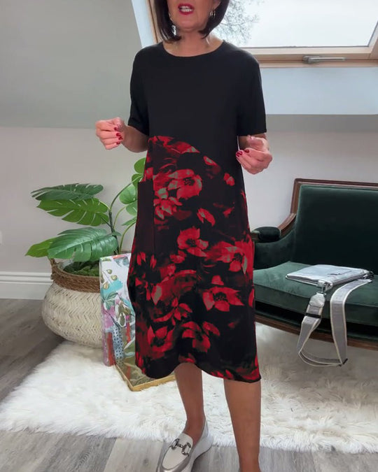 Robe Patchwork avec Encolure Ronde et Imprimé Floral