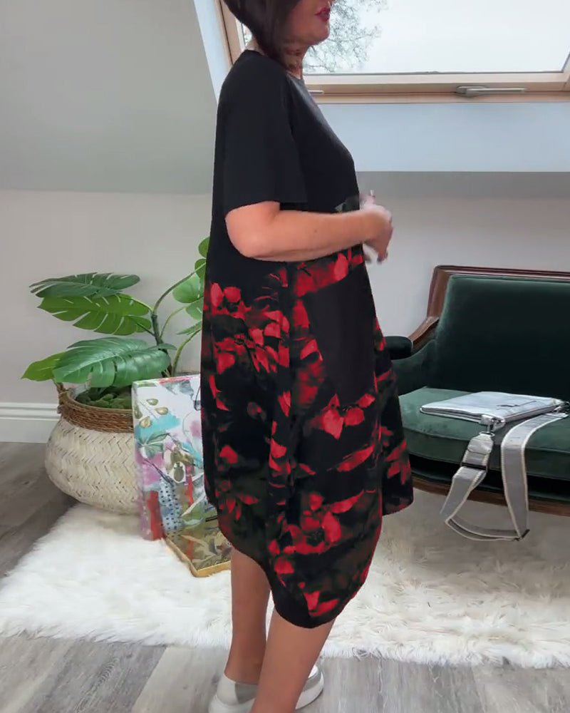 Robe Patchwork avec Encolure Ronde et Imprimé Floral