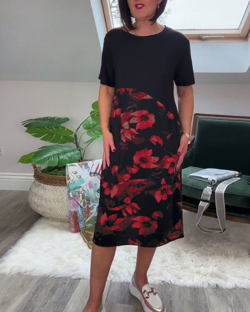 Robe Patchwork avec Encolure Ronde et Imprimé Floral
