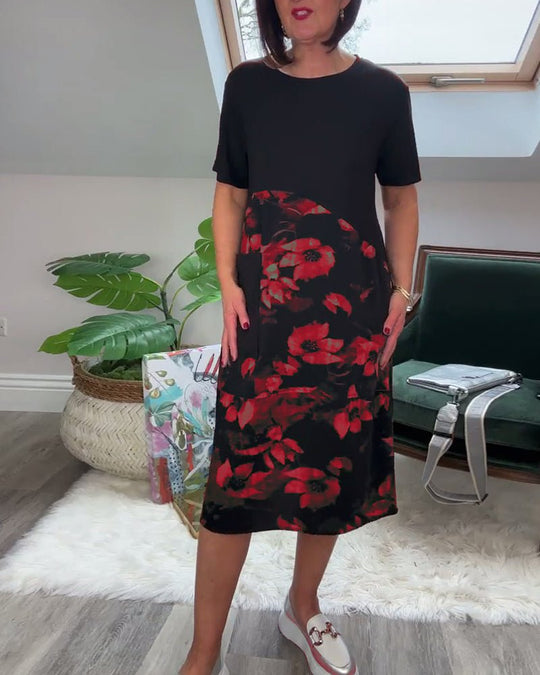 Robe Patchwork avec Encolure Ronde et Imprimé Floral