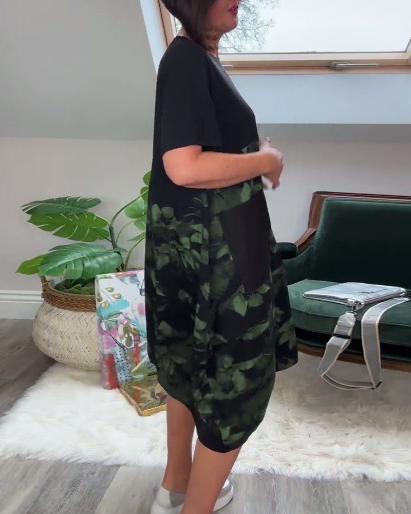 Robe Patchwork avec Encolure Ronde et Imprimé Floral