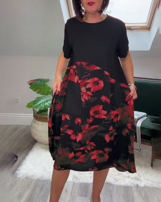 Robe Patchwork avec Encolure Ronde et Imprimé Floral