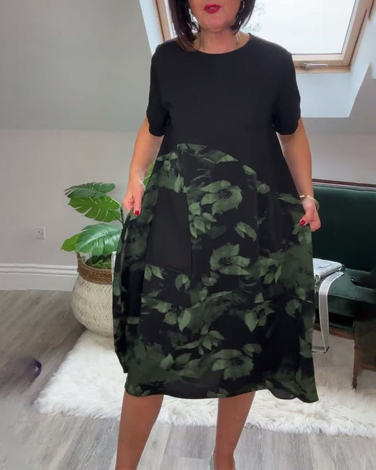 Robe Patchwork avec Encolure Ronde et Imprimé Floral