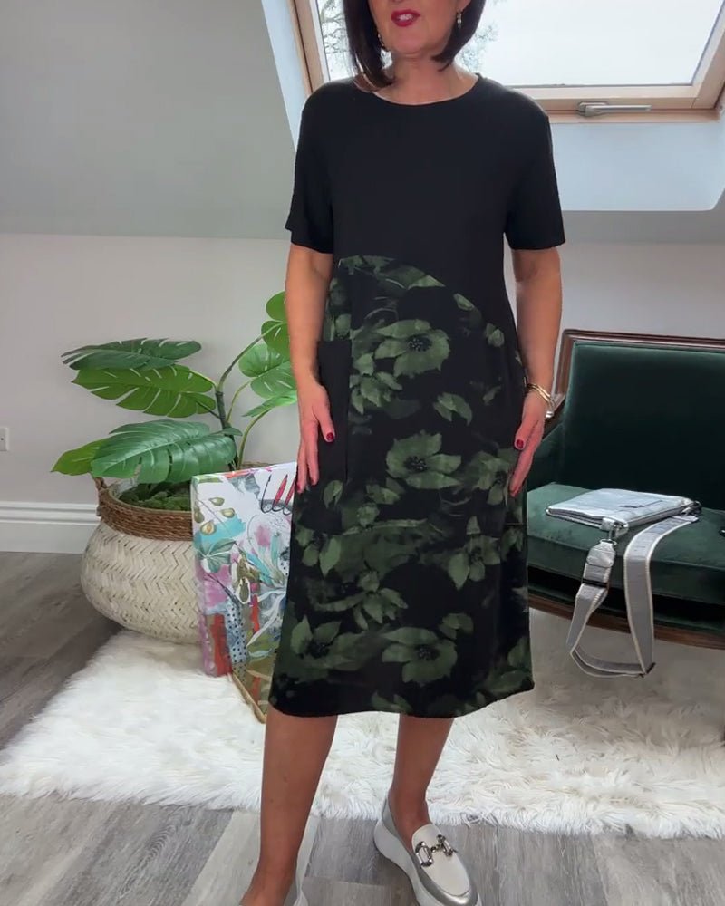 Robe Patchwork avec Encolure Ronde et Imprimé Floral
