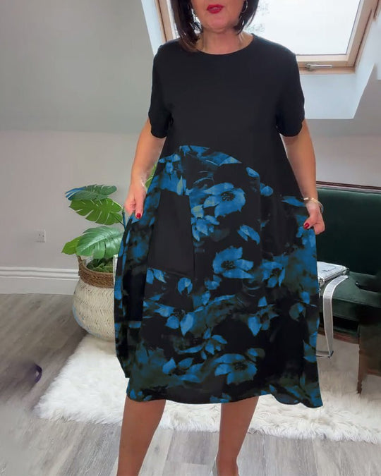 Robe Patchwork avec Encolure Ronde et Imprimé Floral