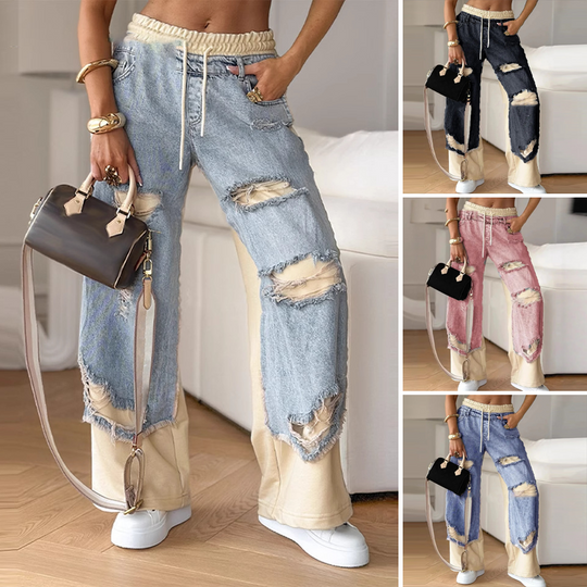 Pantalon large à cordon élastique en denim patchwork
