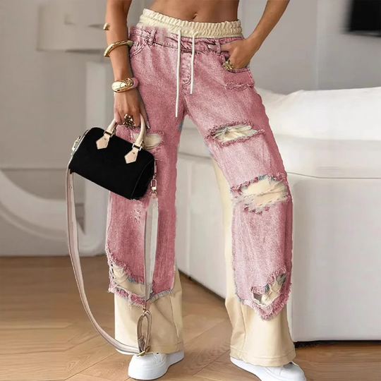 Pantalon large à cordon élastique en denim patchwork
